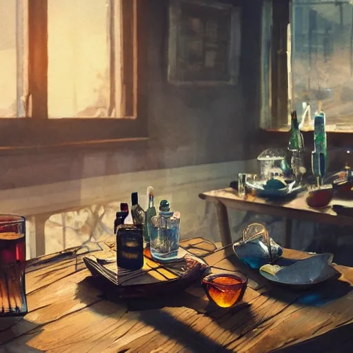 On the table there is a shot glasses filled with liquor. Centered composition, watercolor, warm colors, by greg rutkowski, iridescent accents, ray tracing, product lighting, sharp, smooth, masterpiece