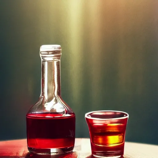 On the table there is a shot glass filled with red liquor. Centered composition, watercolor, product lighting, style brad mesina, Anton Fadeev, thomas kinkade, greg rutkowski, Water Color, product lighting