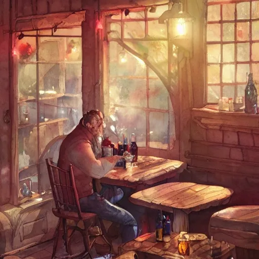 There is a shot glass on the table filled with raspbery liquor, in the cozy pub, watercolor pen by brad mesina, product lighting, style Anton Fadeev, thomas kinkade, greg rutkowski, Water Color, product lighting