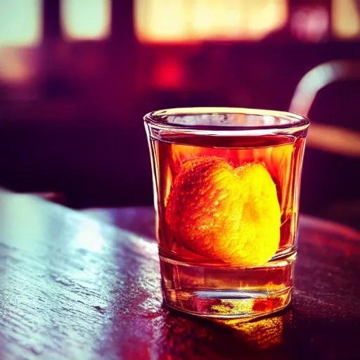 shot glass with a raspberry liquor, on the table, in a cozy pub, watercolor, warm colors, by greg rutkowski, iridescent accents, ray tracing, product lighting, sharp, smooth, masterpiece