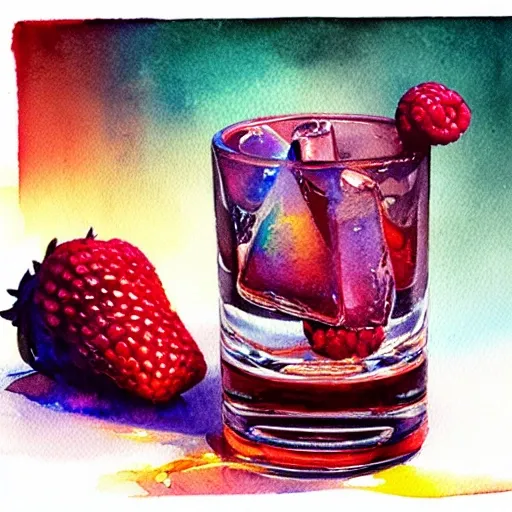 a shot glass with raspbery liquor, watercolor, warm colors, by greg rutkowski, iridescent accents, ray tracing, product lighting, sharp, smooth, masterpiece