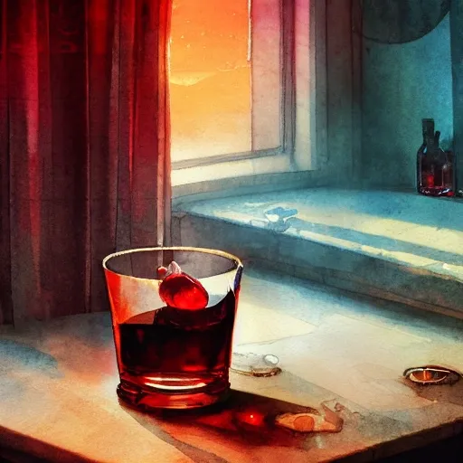 On the table there is a shot glass filled with red liquor. Centered composition, watercolor, product lighting, style brad mesina, Anton Fadeev, thomas kinkade, greg rutkowski, Water Color, product lighting