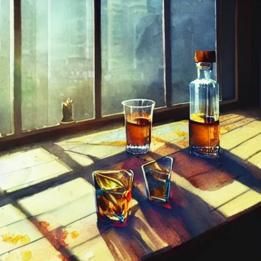 On the table there is a shot glasses filled with liquor. Centered composition, watercolor, warm colors, by greg rutkowski, iridescent accents, ray tracing, product lighting, sharp, smooth, masterpiece