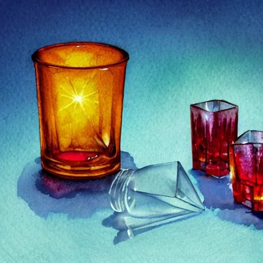 On the table stands a small crystal glasses with light-red liqueur. Faceted sides, a delicate stem for the glass, watercolor pen by brad mesina, product lighting, style Anton Fadeev, thomas kinkade, greg rutkowski, Water Color, product lighting