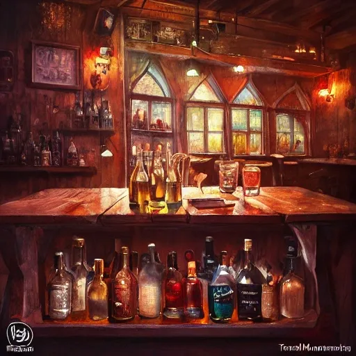 There is a shot glass filled with raspbery liquor, on the table, in the cozy pub, watercolor pen by brad mesina, product lighting, style Anton Fadeev, thomas kinkade, greg rutkowski, Water Color, product lighting