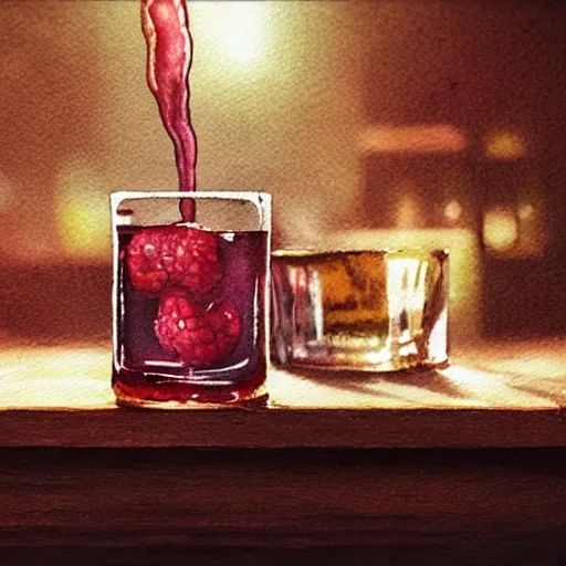 shot glass with a raspberry liquor, on the table, in a cozy pub, watercolor, warm colors, by greg rutkowski, iridescent accents, ray tracing, product lighting, sharp, smooth, masterpiece