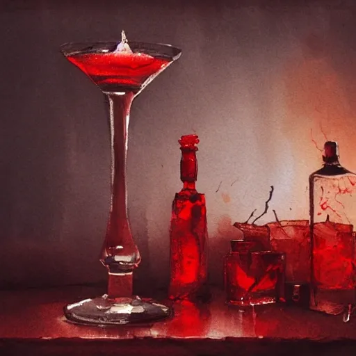 On the table there is a shot glass filled with red liquor. Centered composition, watercolor, product lighting, style brad mesina, Anton Fadeev, thomas kinkade, greg rutkowski, Water Color, product lighting