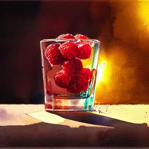 a shot glass with raspbery liquor, watercolor, warm colors, by greg rutkowski, iridescent accents, ray tracing, product lighting, sharp, smooth, masterpiece