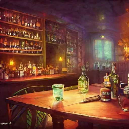 There is a shot glass filled with raspbery liquor, on the table, in the cozy pub, watercolor pen by brad mesina, product lighting, style Anton Fadeev, thomas kinkade, greg rutkowski, Water Color, product lighting