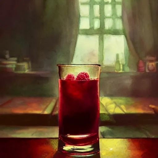 shot glass with a raspberry liquor, on the table, in a cozy pub, watercolor, warm colors, by greg rutkowski, iridescent accents, ray tracing, product lighting, sharp, smooth, masterpiece