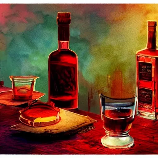 On the table there is a shot glass filled with red liquor. Centered composition, watercolor, product lighting, style brad mesina, Anton Fadeev, thomas kinkade, greg rutkowski, Water Color, product lighting