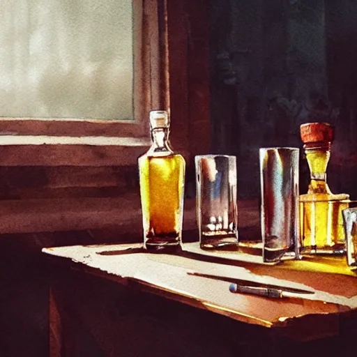 On the table there is a shot glasses filled with liquor. Centered composition, watercolor, warm colors, by greg rutkowski, iridescent accents, ray tracing, product lighting, sharp, smooth, masterpiece