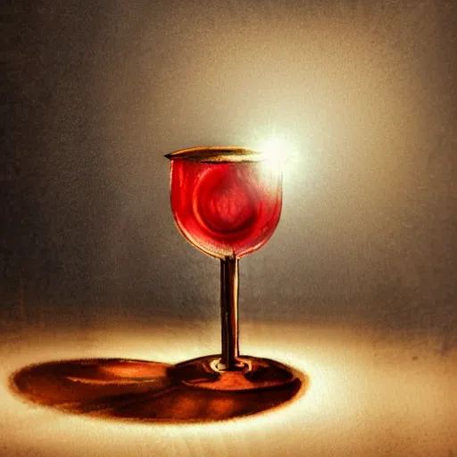 On the table stands a small crystal glasses with light-red liqueur. Faceted sides, a delicate stem for the glass, watercolor pen by brad mesina, product lighting, style Anton Fadeev, thomas kinkade, greg rutkowski, Water Color, product lighting