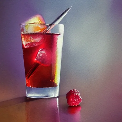 a shot glass with raspbery liquor, watercolor, warm colors, by greg rutkowski, iridescent accents, ray tracing, product lighting, sharp, smooth, masterpiece