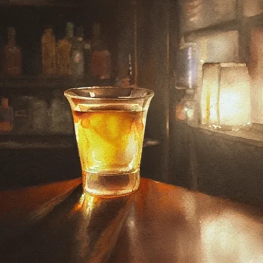 shot glass with a liquor, on the table, in a cozy pub, watercolor, warm colors, by greg rutkowski, iridescent accents, ray tracing, product lighting, sharp, smooth, masterpiece