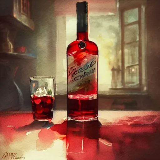 On the table there is a shot glass filled with red liquor. Centered composition, watercolor, product lighting, style brad mesina, Anton Fadeev, thomas kinkade, greg rutkowski, Water Color, product lighting