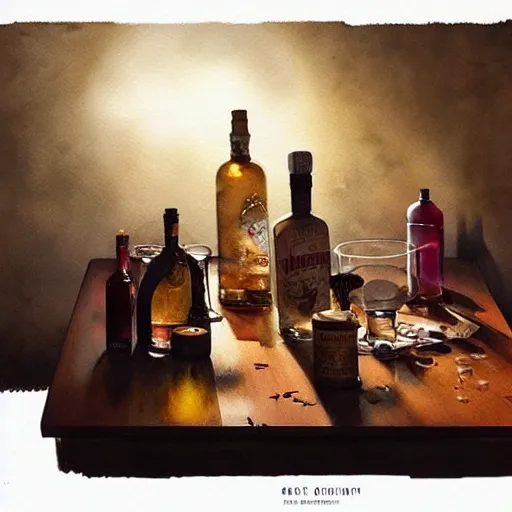 On the table there is a shot glasses filled with liquor. Centered composition, watercolor, warm colors, by greg rutkowski, iridescent accents, ray tracing, product lighting, sharp, smooth, masterpiece