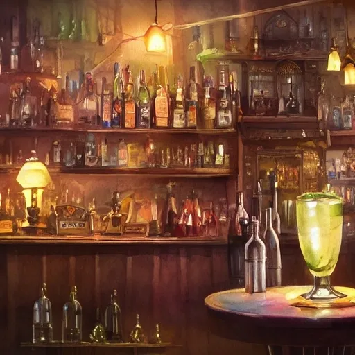 There is a shot glass filled with raspbery liquor, on the table, in the cozy pub, watercolor pen by brad mesina, product lighting, style Anton Fadeev, thomas kinkade, greg rutkowski, Water Color, product lighting