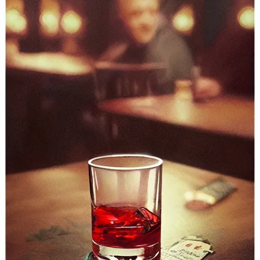 shot glass with a red liquor, on the table, in a cozy pub, watercolor, warm colors, by greg rutkowski, iridescent accents, ray tracing, product lighting, sharp, smooth, masterpiece