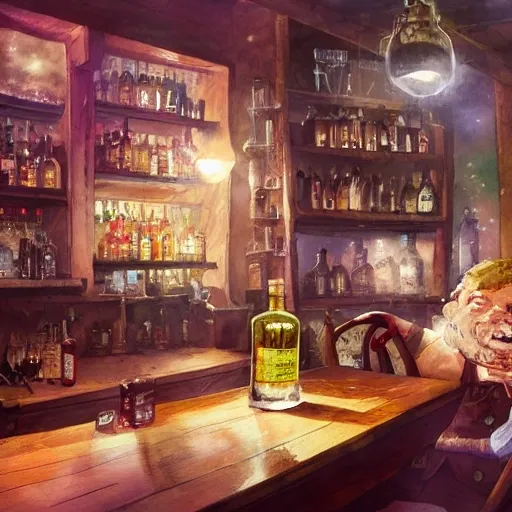 There is a shot glass filled with raspbery liquor, on the table, in the cozy pub, watercolor pen by brad mesina, product lighting, style Anton Fadeev, thomas kinkade, greg rutkowski, Water Color, product lighting