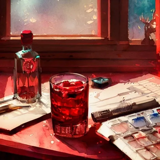 On the table there is a shot glass filled with red liquor. Centered composition, watercolor, product lighting, style brad mesina, Anton Fadeev, thomas kinkade, greg rutkowski, Water Color, product lighting