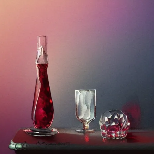 On the table stands a small crystal glasses with light-red liqueur. Faceted sides, a delicate stem for the glass, watercolor pen by brad mesina, product lighting, style Anton Fadeev, thomas kinkade, greg rutkowski, Water Color, product lighting