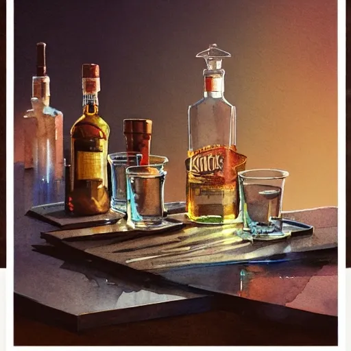 On the table there is a shot glasses filled with liquor. Centered composition, watercolor, warm colors, by greg rutkowski, iridescent accents, ray tracing, product lighting, sharp, smooth, masterpiece