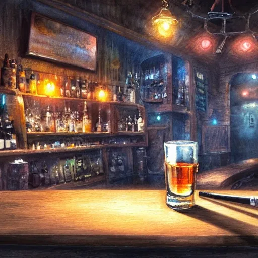 Shot glass filled with raspbery liquor, on the table, in the cozy pub, watercolor pen by brad mesina, product lighting, style Anton Fadeev, thomas kinkade, greg rutkowski, Water Color, product lighting