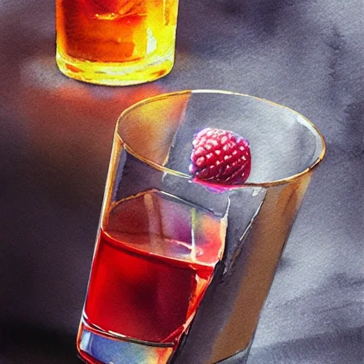 a shot glass with raspbery liquor, watercolor, warm colors, by greg rutkowski, iridescent accents, ray tracing, product lighting, sharp, smooth, masterpiece