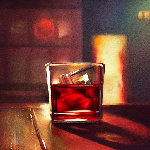 shot glass with a red liquor, on the table, in a cozy pub, watercolor, warm colors, by greg rutkowski, iridescent accents, ray tracing, product lighting, sharp, smooth, masterpiece