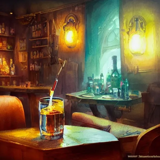 Shot glass filled with raspbery liquor, on the table, in the cozy pub, watercolor pen by brad mesina, product lighting, style Anton Fadeev, thomas kinkade, greg rutkowski, Water Color, product lighting