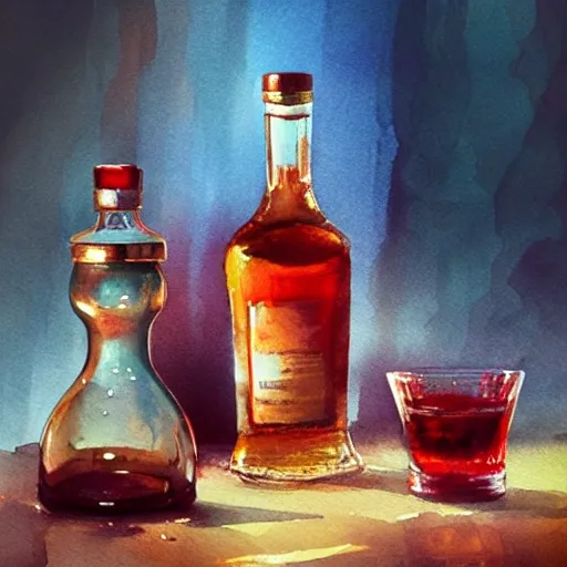 On the table there is a shot glass filled with red liquor. Centered composition, product lighting, watercolor, style brad mesina, Anton Fadeev, thomas kinkade, greg rutkowski, Water Color, product lighting