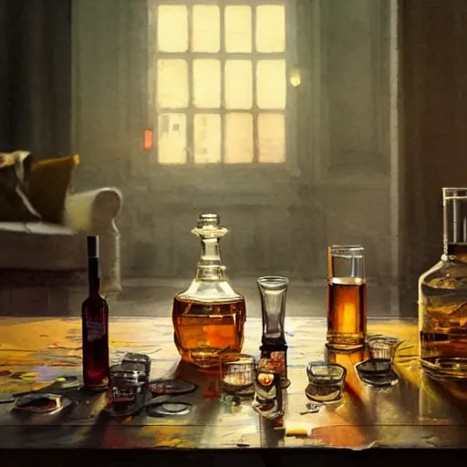 On the table there is a shot glasses filled with liquor. Centered composition, watercolor, warm colors, by greg rutkowski, iridescent accents, ray tracing, product lighting, sharp, smooth, masterpiece