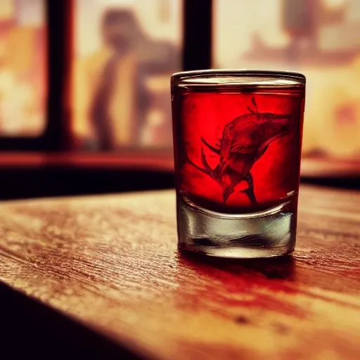 shot glass with a red liquor, on the table, in a cozy pub, watercolor, warm colors, by greg rutkowski, iridescent accents, ray tracing, product lighting, sharp, smooth, masterpiece