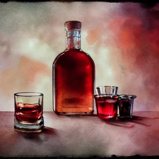 On the table there is a shot glass filled with red liquor. Centered composition, product lighting, watercolor, style brad mesina, Anton Fadeev, thomas kinkade, greg rutkowski, Water Color, product lighting