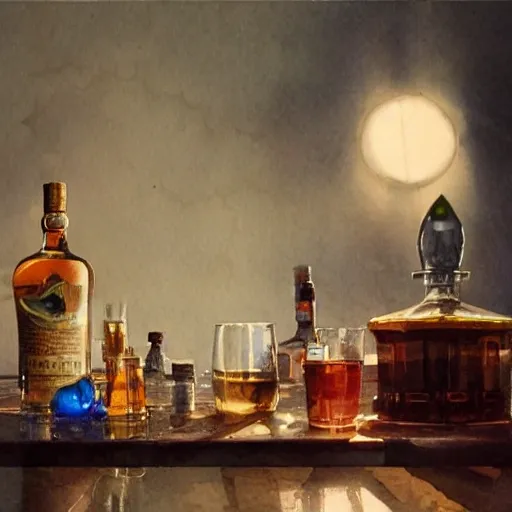 On the table there is a shot glasses filled with liquor. Centered composition, watercolor, warm colors, by greg rutkowski, iridescent accents, ray tracing, product lighting, sharp, smooth, masterpiece