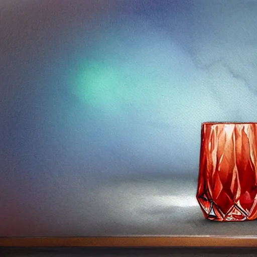 On the table stands a small crystal glasses with light-red liqueur. Faceted sides, a delicate stem for the glass, watercolor pen by brad mesina, product lighting, style Anton Fadeev, thomas kinkade, greg rutkowski, Water Color, product lighting