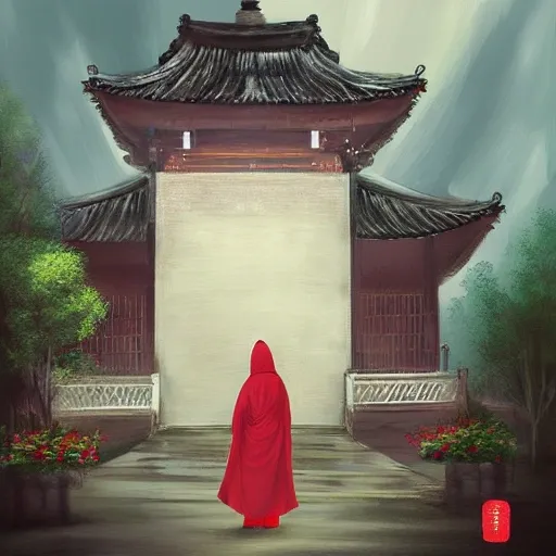  beautiful asian girl in white cloak,  ancient Daoist nunnery with curved rooftops and tall flagpoles flying banners style digital painting, raining day, Oil Painting