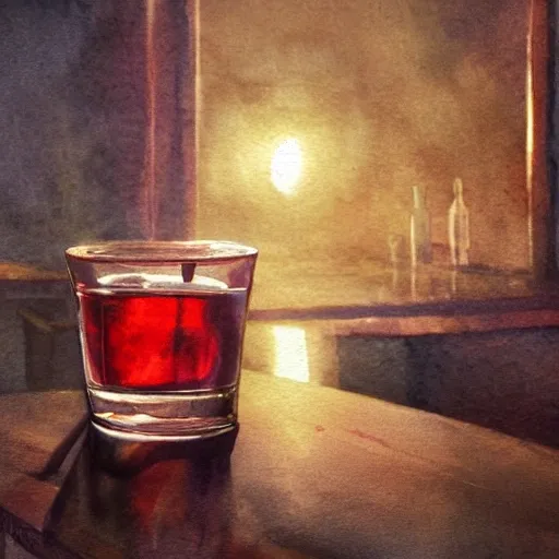 shot glass with a red liquor, on the table, in a cozy pub, watercolor, warm colors, by greg rutkowski, iridescent accents, ray tracing, product lighting, sharp, smooth, masterpiece