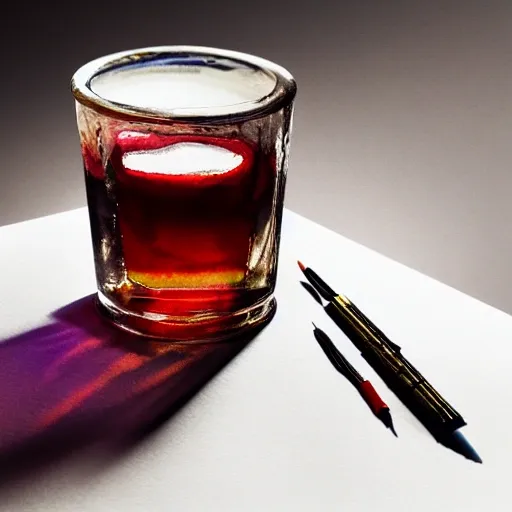 Shot glass filled with raspbery liquor, on the table, in the cozy pub, watercolor pen by brad mesina, product lighting, style Anton Fadeev, thomas kinkade, greg rutkowski, Water Color, product lighting