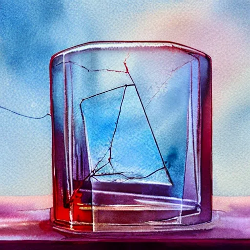 On the table stands a small crystal glasses with light-red liqueur. Faceted sides, a delicate stem for the glass, watercolor pen by brad mesina, product lighting, style Anton Fadeev, thomas kinkade, greg rutkowski, Water Color, product lighting