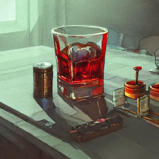 On the table there is a shot glass filled with red liquor. Centered composition, product lighting, watercolor, style brad mesina, Anton Fadeev, thomas kinkade, greg rutkowski, Water Color, product lighting