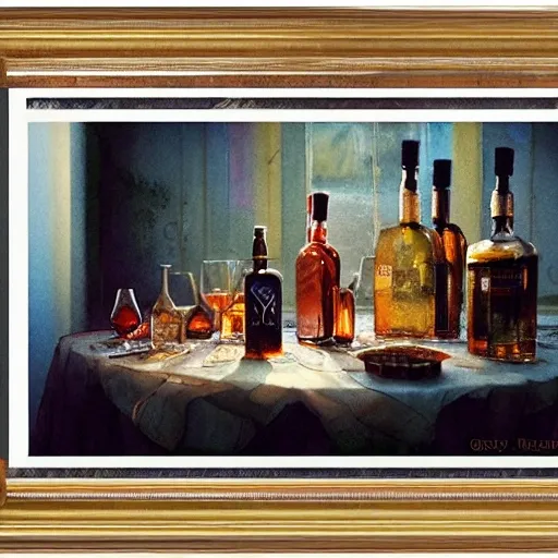 On the table there is a shot glasses filled with liquor. Centered composition, watercolor, warm colors, by greg rutkowski, iridescent accents, ray tracing, product lighting, sharp, smooth, masterpiece