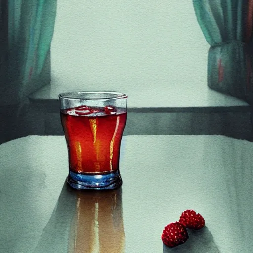 Shot glass filled with raspbery liquor, on the table, in the cozy pub, product lighting, watercolor, style brad mesina, Anton Fadeev, thomas kinkade, greg rutkowski, Water Color, product lighting