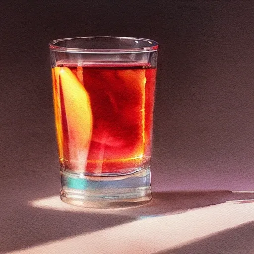 a shot glass with raspbery liquor, watercolor, warm colors, by greg rutkowski, iridescent accents, ray tracing, product lighting, sharp, smooth, masterpiece