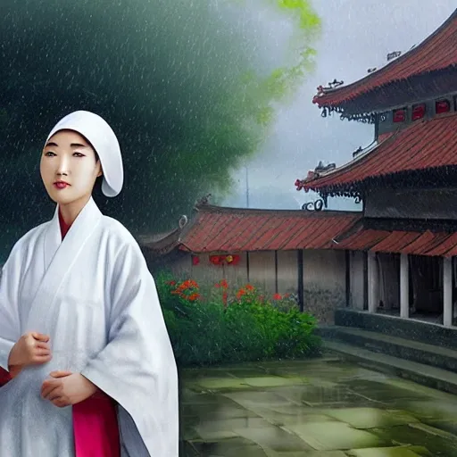  beautiful asian girl in white,  ancient Daoist nunnery with curved rooftops and tall flagpoles,  flying banners style digital painting, raining day, Oil Painting