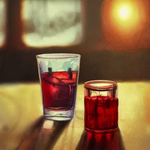 shot glass with a red liquor, on the table, in a cozy pub, watercolor, warm colors, by greg rutkowski, iridescent accents, ray tracing, product lighting, sharp, smooth, masterpiece