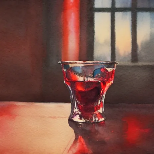 On the table there is a shot glass filled with red liquor. Centered composition, product lighting, watercolor, style brad mesina, Anton Fadeev, thomas kinkade, greg rutkowski, Water Color, product lighting