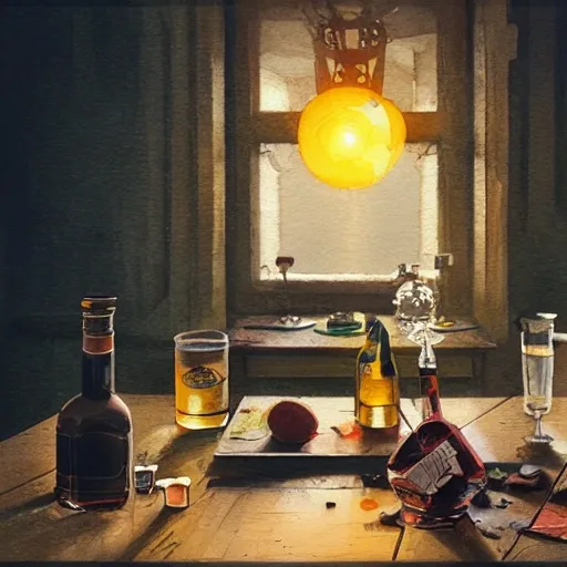 On the table there is a shot glasses filled with liquor. Centered composition, watercolor, warm colors, by greg rutkowski, iridescent accents, ray tracing, product lighting, sharp, smooth, masterpiece