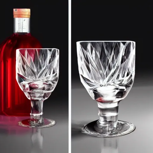 On the table stands a small crystal glasses with light-red liqueur. Faceted sides, a delicate stem for the glass, watercolor pen by brad mesina, product lighting, style Anton Fadeev, thomas kinkade, greg rutkowski, Water Color, product lighting